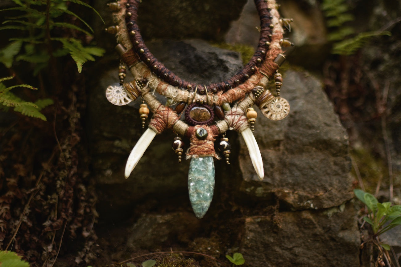 Afterlife - Necklace with Mica Stone, Ammonites, Wild Boar Tusk, Bronzite