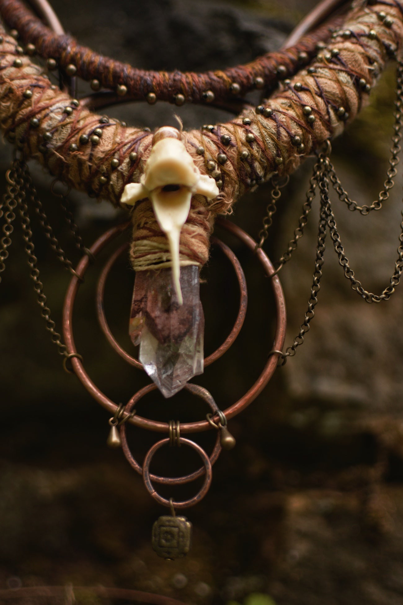 Afterlife - Necklace with Phantom Quartz, Fox bone and Copper Rings