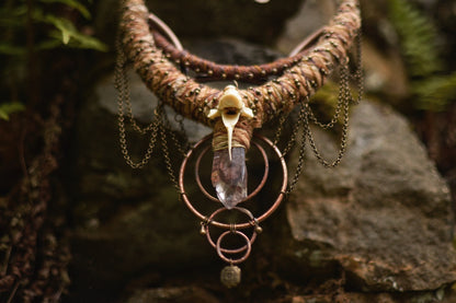 Afterlife - Necklace with Phantom Quartz, Fox bone and Copper Rings