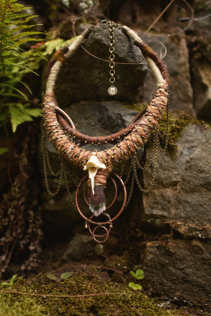 Afterlife - Necklace with Phantom Quartz, Fox bone and Copper Rings