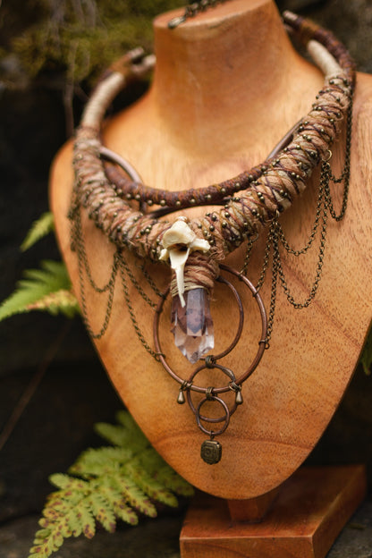 Afterlife - Necklace with Phantom Quartz, Fox bone and Copper Rings