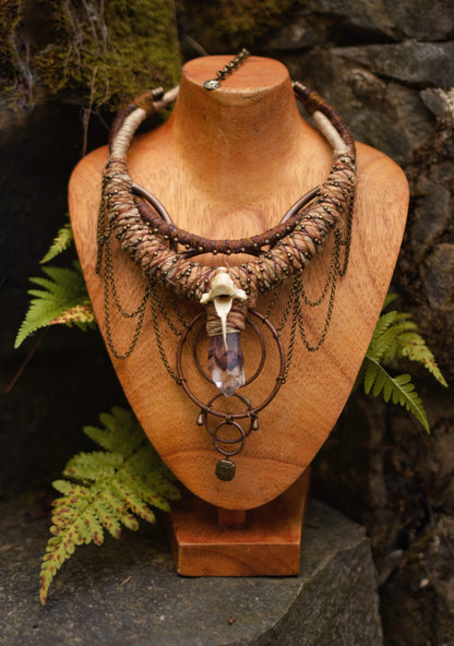 Afterlife - Necklace with Phantom Quartz, Fox bone and Copper Rings