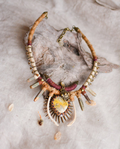 Nahara Hemp Necklace with Bumblebee Jasper, Jasper Sticks, Real Bones