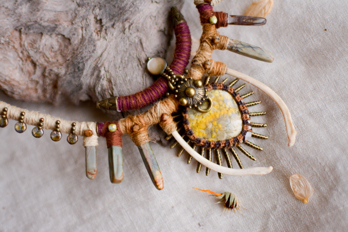 Nahara Hemp Necklace with Bumblebee Jasper, Jasper Sticks, Real Bones
