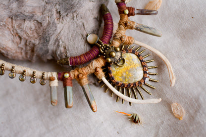 Nahara Hemp Necklace with Bumblebee Jasper, Jasper Sticks, Real Bones