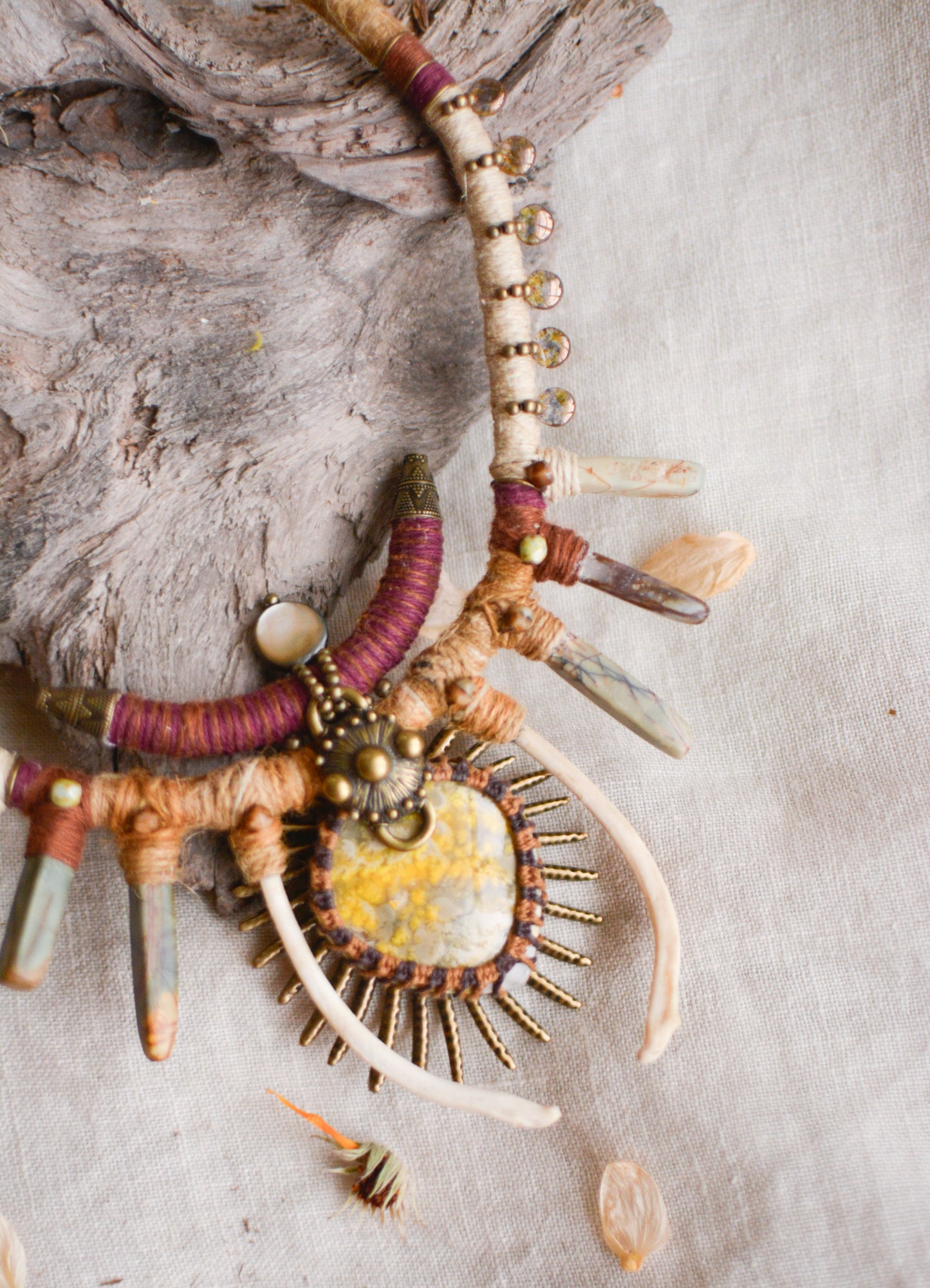 Nahara Hemp Necklace with Bumblebee Jasper, Jasper Sticks, Real Bones