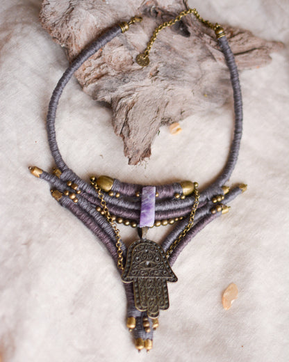 Thahaara Linen Necklace with Hamsa Pendant and Amethyst