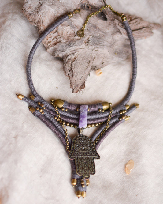 Thahaara Linen Necklace with Hamsa Pendant and Amethyst