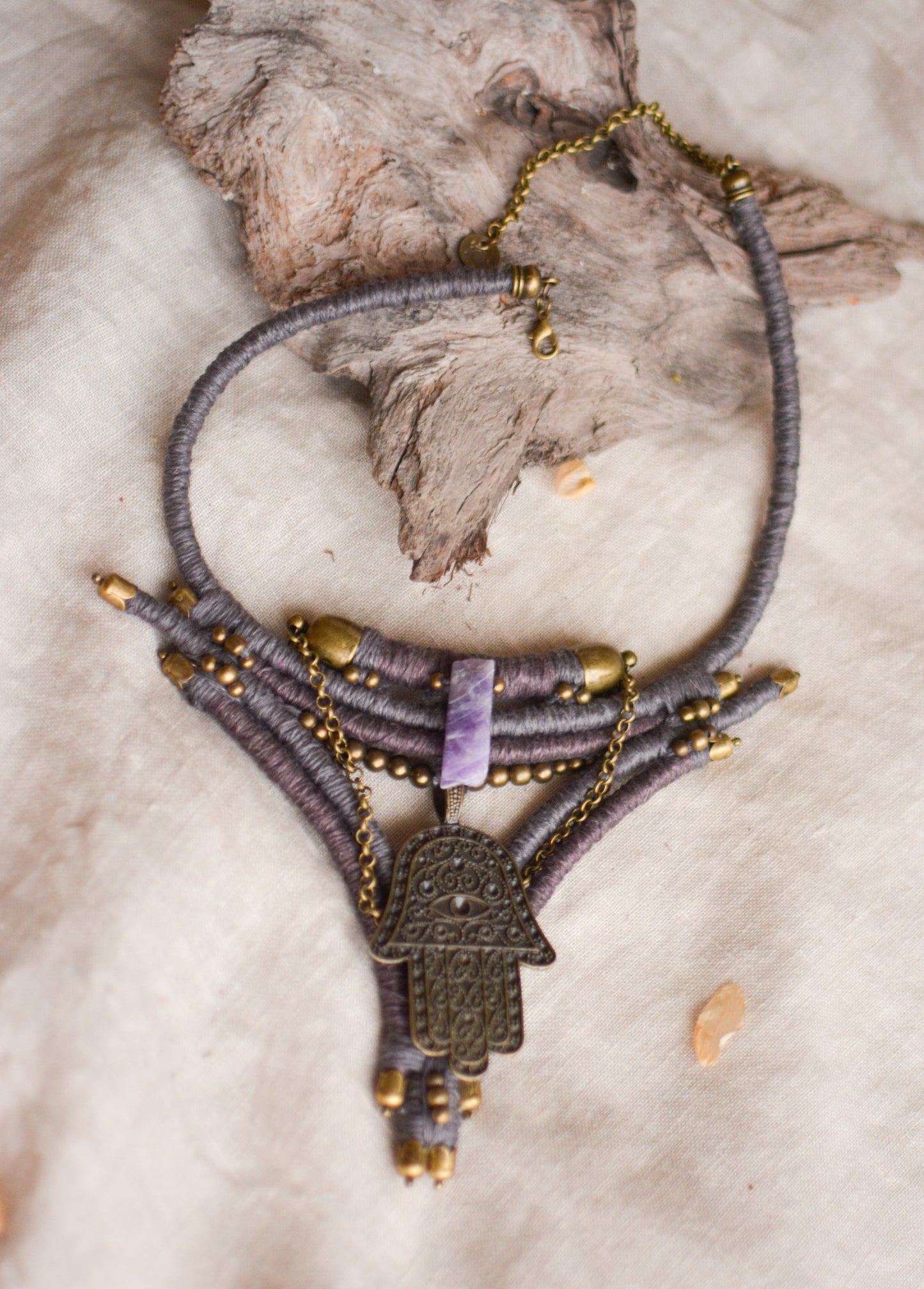 Thahaara Linen Necklace with Hamsa Pendant and Amethyst