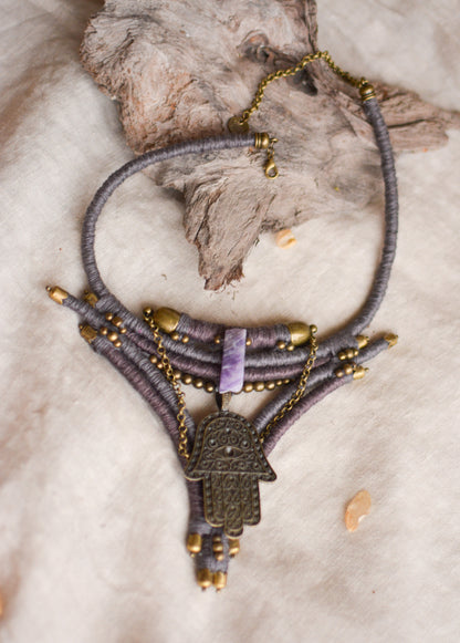 Thahaara Linen Necklace with Hamsa Pendant and Amethyst