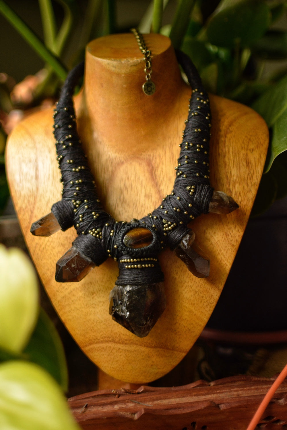 Nightfall Nexus - Hemp Necklace with Smoky Quartz Points and Tiger Eye