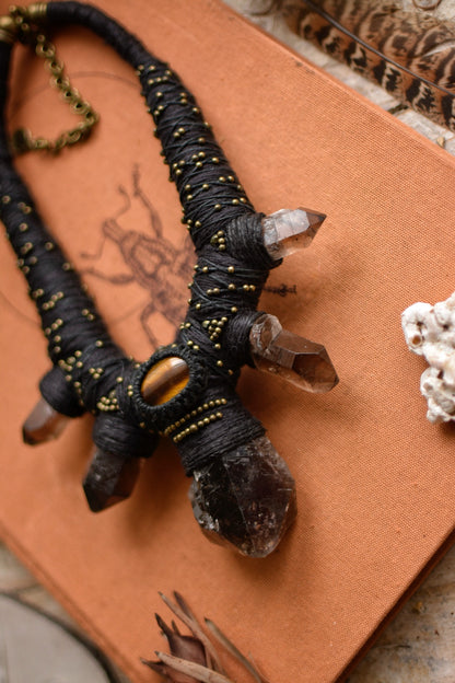 Nightfall Nexus - Hemp Necklace with Smoky Quartz Points and Tiger Eye