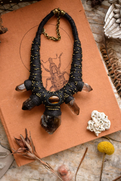 Nightfall Nexus - Hemp Necklace with Smoky Quartz Points and Tiger Eye