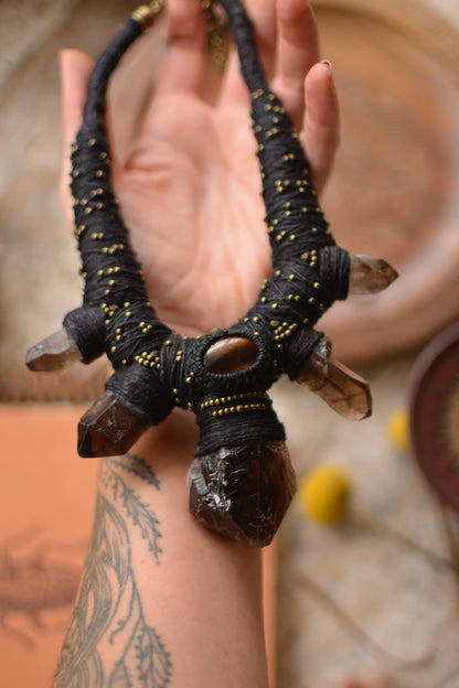 Nightfall Nexus - Hemp Necklace with Smoky Quartz Points and Tiger Eye