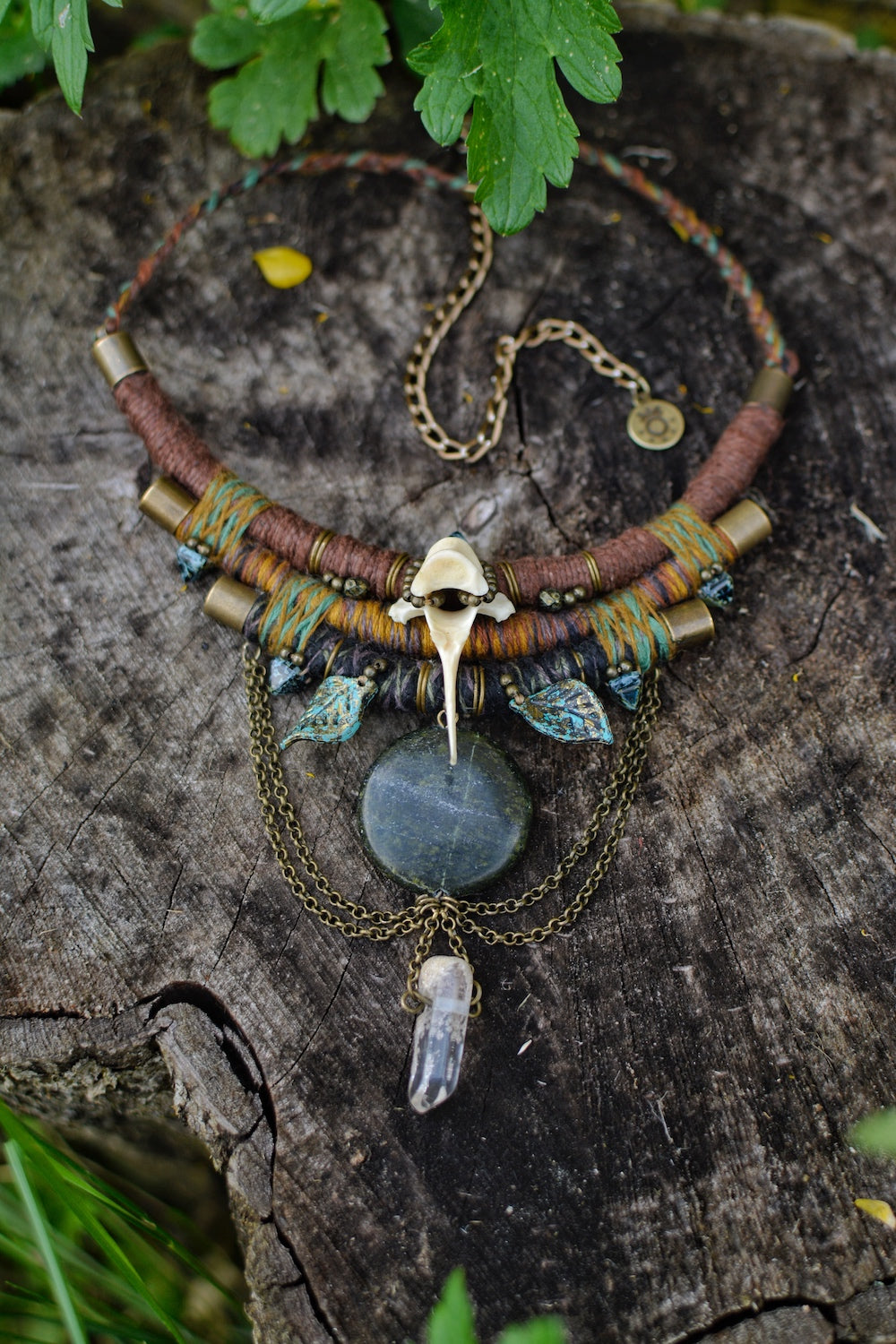 Ancient Wisdom - Hemp and Linen Necklace with Serpentine, Fox bone and Clear Crystal