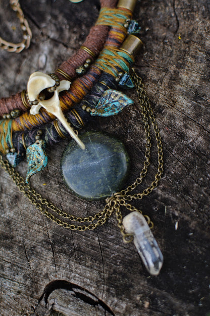 Ancient Wisdom - Hemp and Linen Necklace with Serpentine, Fox bone and Clear Crystal