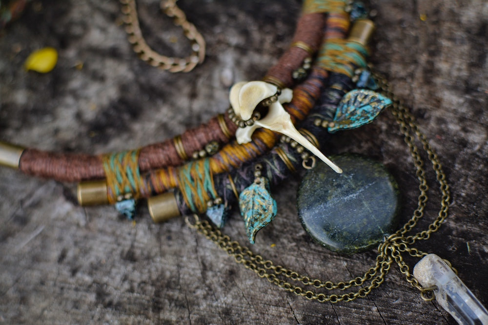 Ancient Wisdom - Hemp and Linen Necklace with Serpentine, Fox bone and Clear Crystal