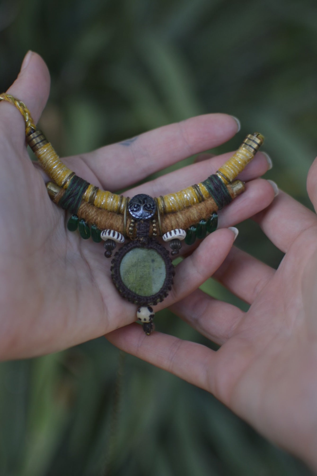 Boheme Joy Hemp and Linen Necklace with Nephrite and Dalmatian Jasper
