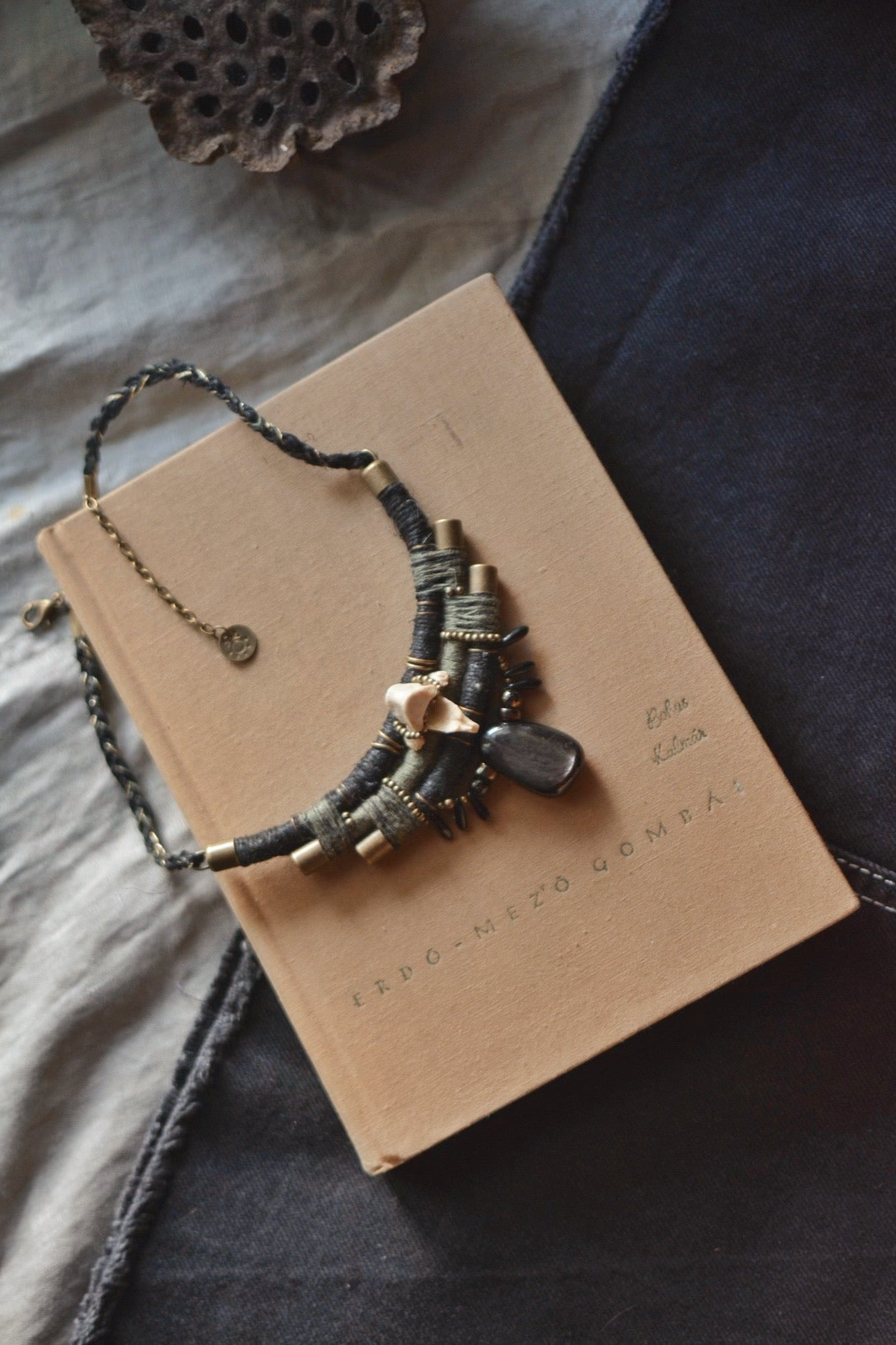 Hypersthene and Bone Hemp Necklace