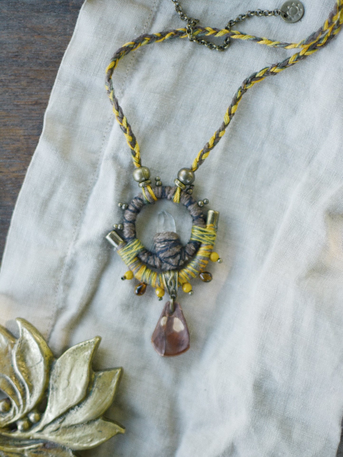Earth Calling Hemp Talisman with Clear Crystal and Pinecone