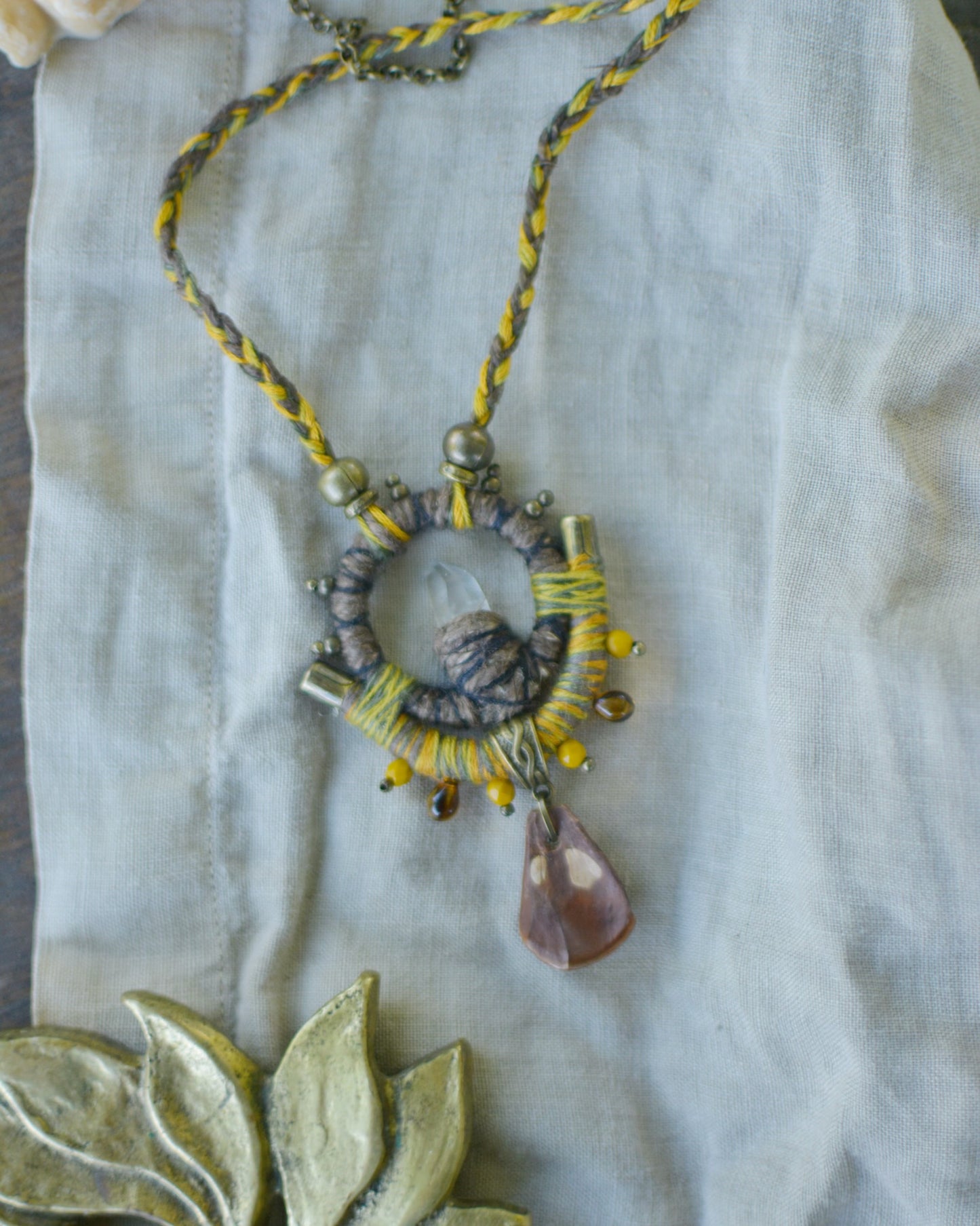 Earth Calling Hemp Talisman with Clear Crystal and Pinecone