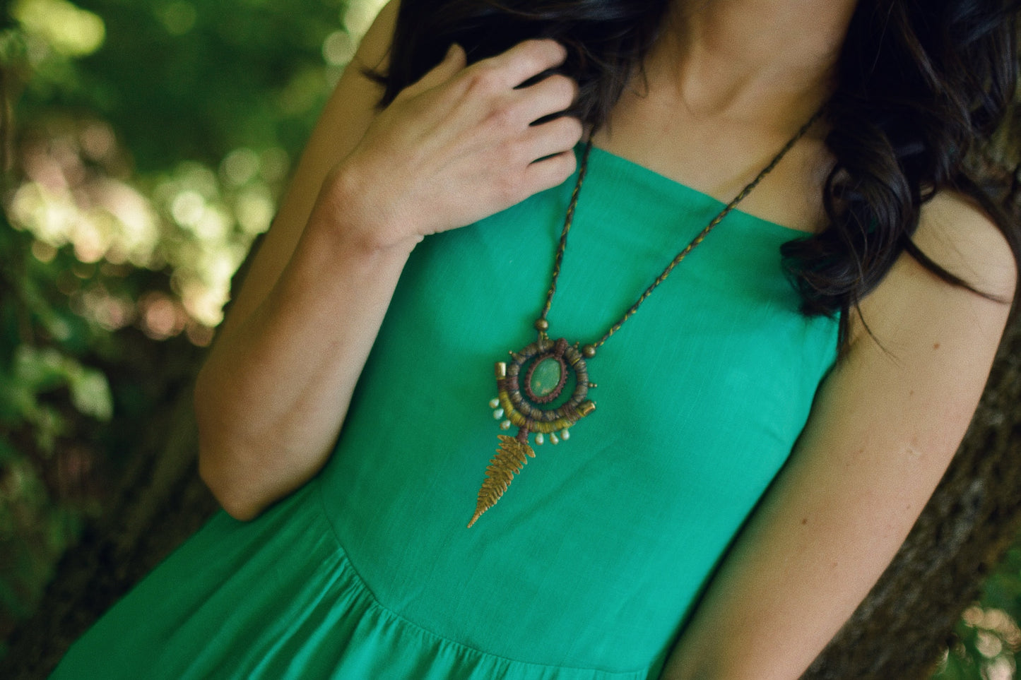 Earth Calling Hemp Talisman with Aventurine and Fern pendant