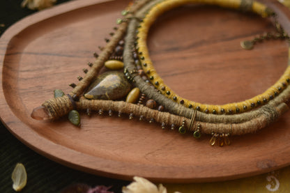 Mokosh Necklace with Polished Serpentine, Jade leaves, Tangerine Quartz